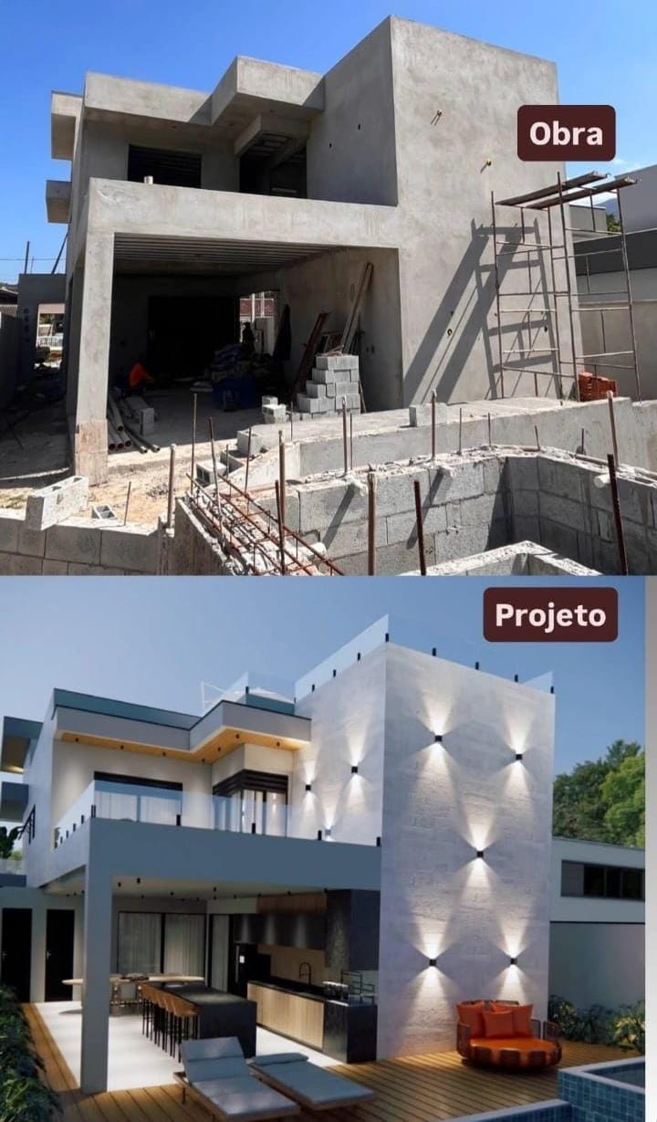 Comparação entre uma residência em obra e seu projeto final